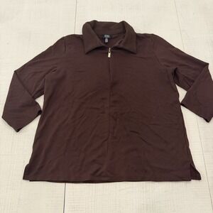 JONES NY Brown Blouse Long Sleeve Large Women's Quarter 1/4 Zip Top Suede Collar